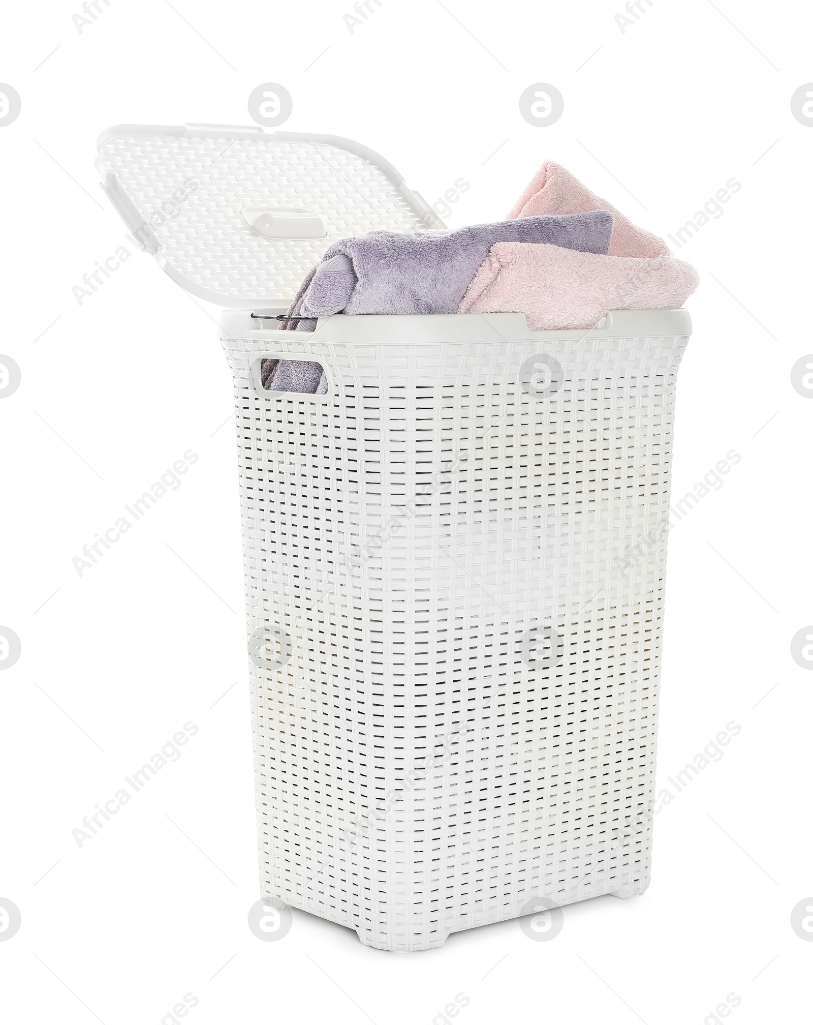 Photo of Wicker basket full of laundry isolated on white