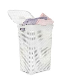 Photo of Wicker basket full of laundry isolated on white