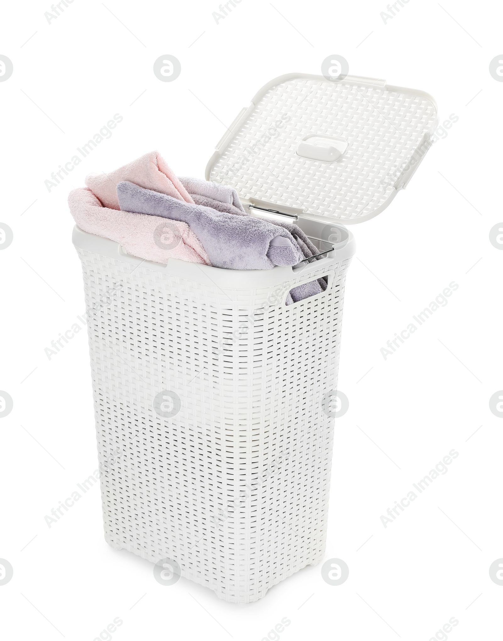 Photo of Wicker basket full of laundry isolated on white