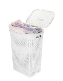 Photo of Wicker basket full of laundry isolated on white