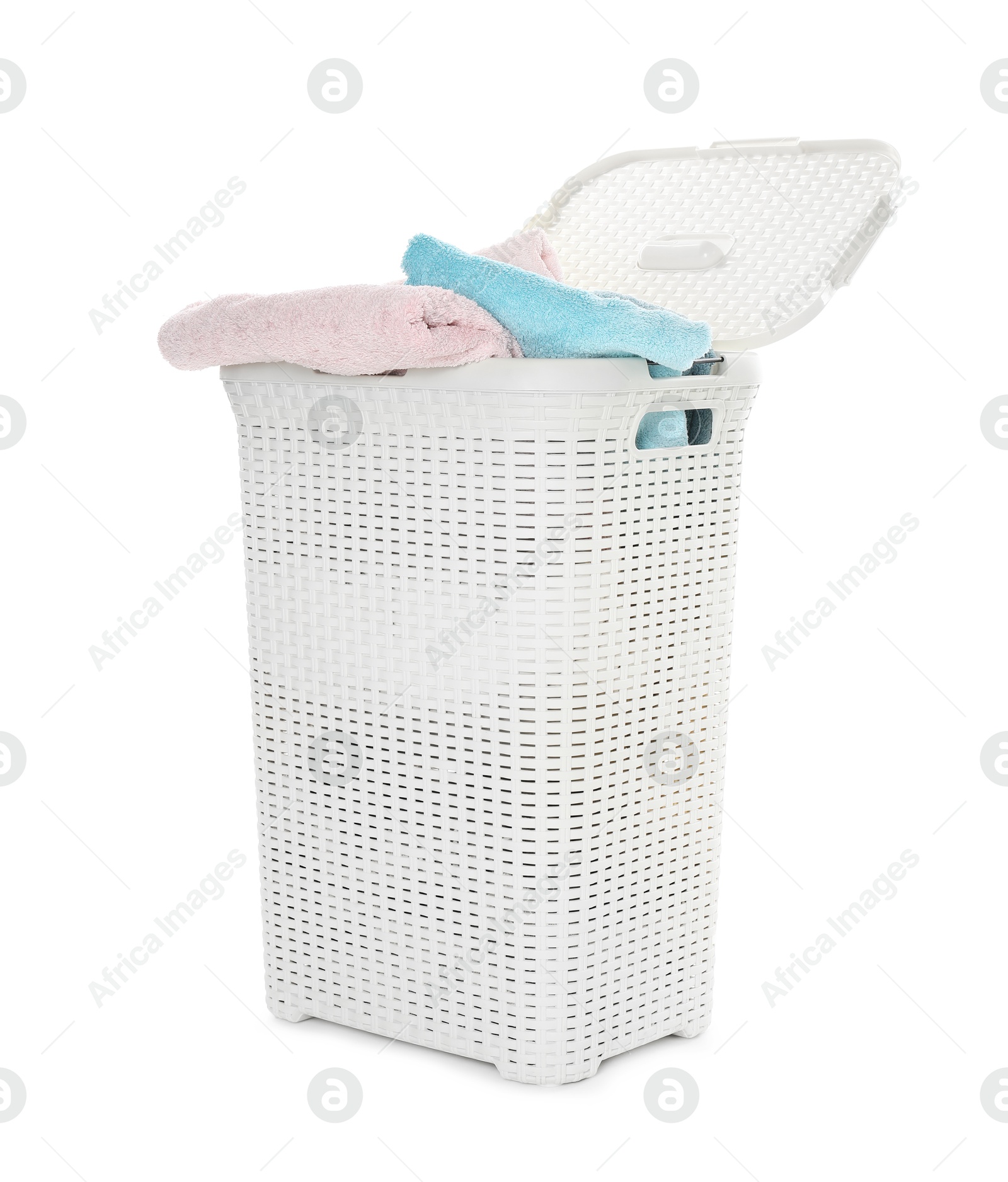 Photo of Wicker basket full of laundry isolated on white