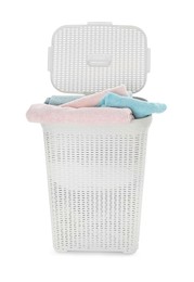 Photo of Wicker basket full of laundry isolated on white