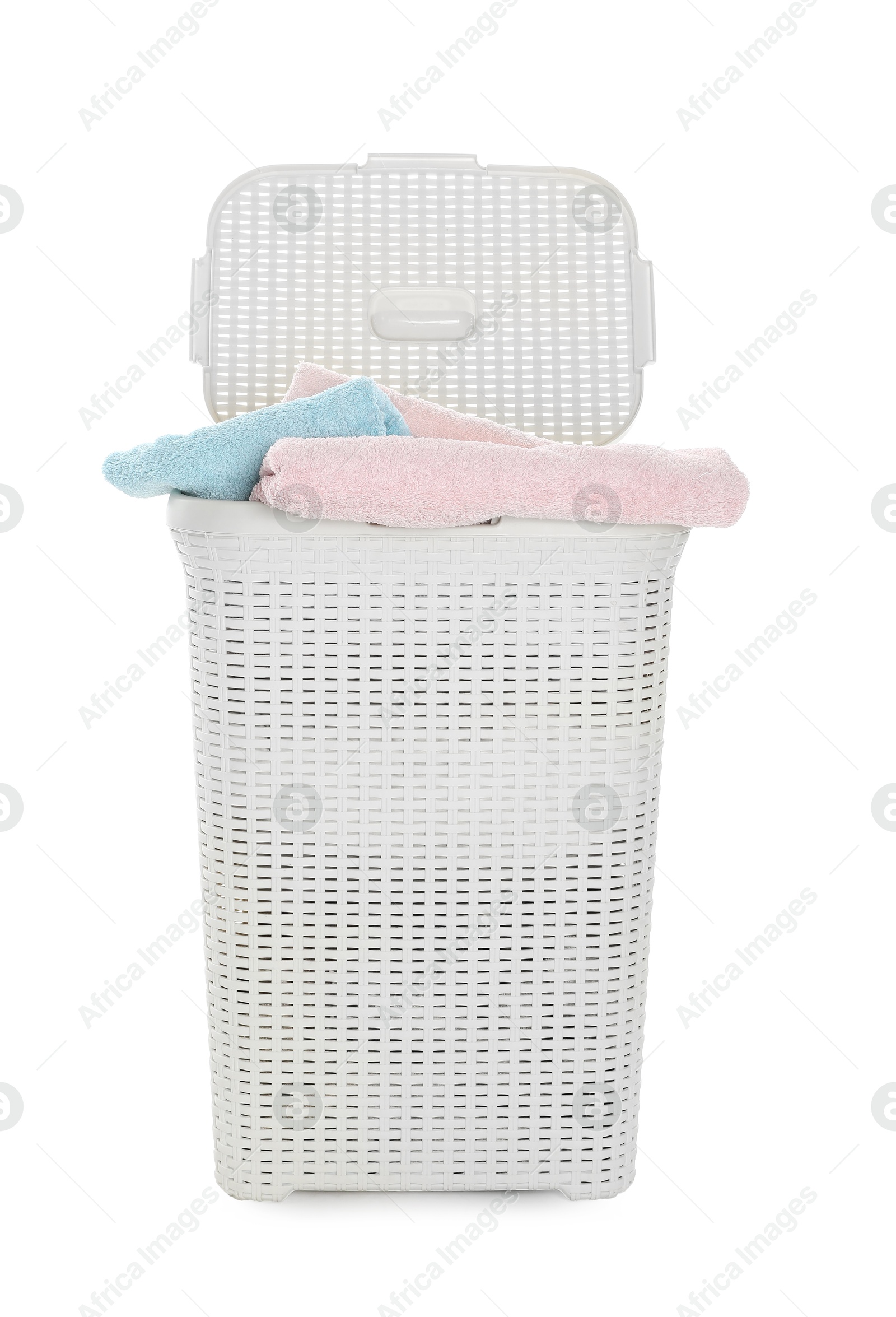 Photo of Wicker basket full of laundry isolated on white