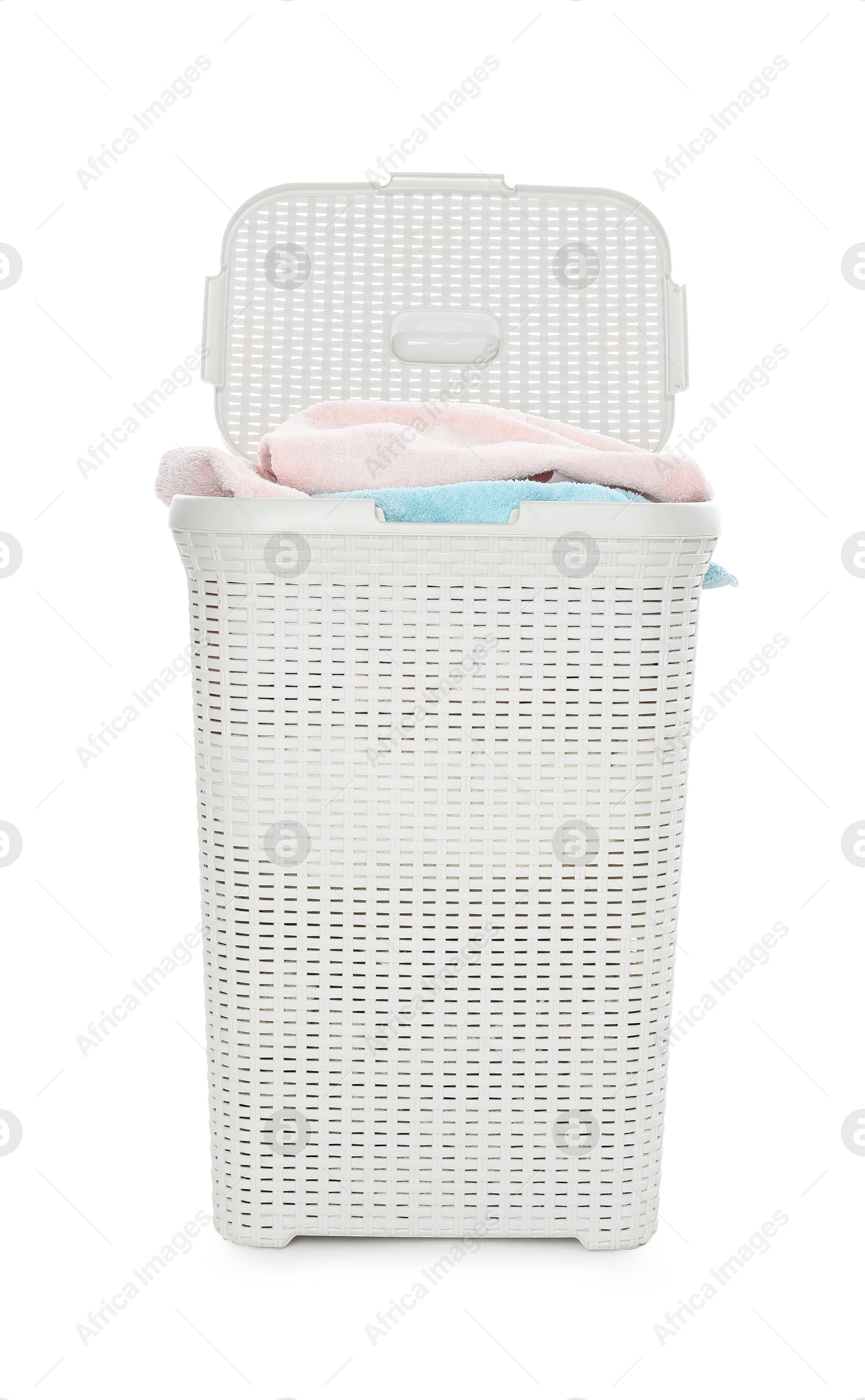 Photo of Wicker basket full of laundry isolated on white