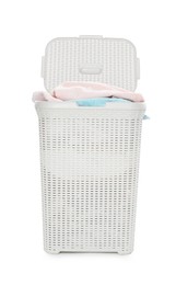 Photo of Wicker basket full of laundry isolated on white