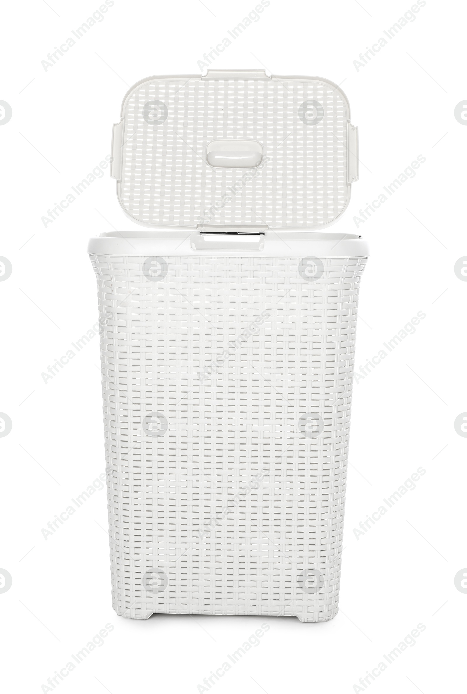 Photo of One wicker laundry basket isolated on white