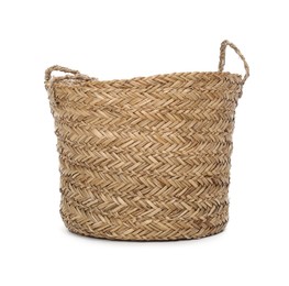 Photo of One wicker laundry basket isolated on white