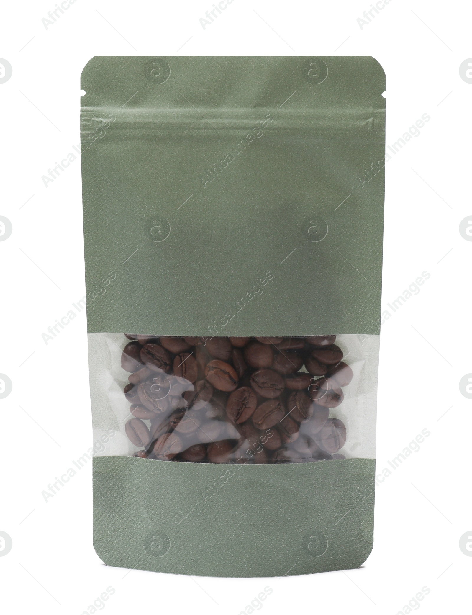 Photo of Paper pouch bag with coffee beans isolated on white