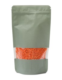 Photo of Paper pouch bag with lentil isolated on white