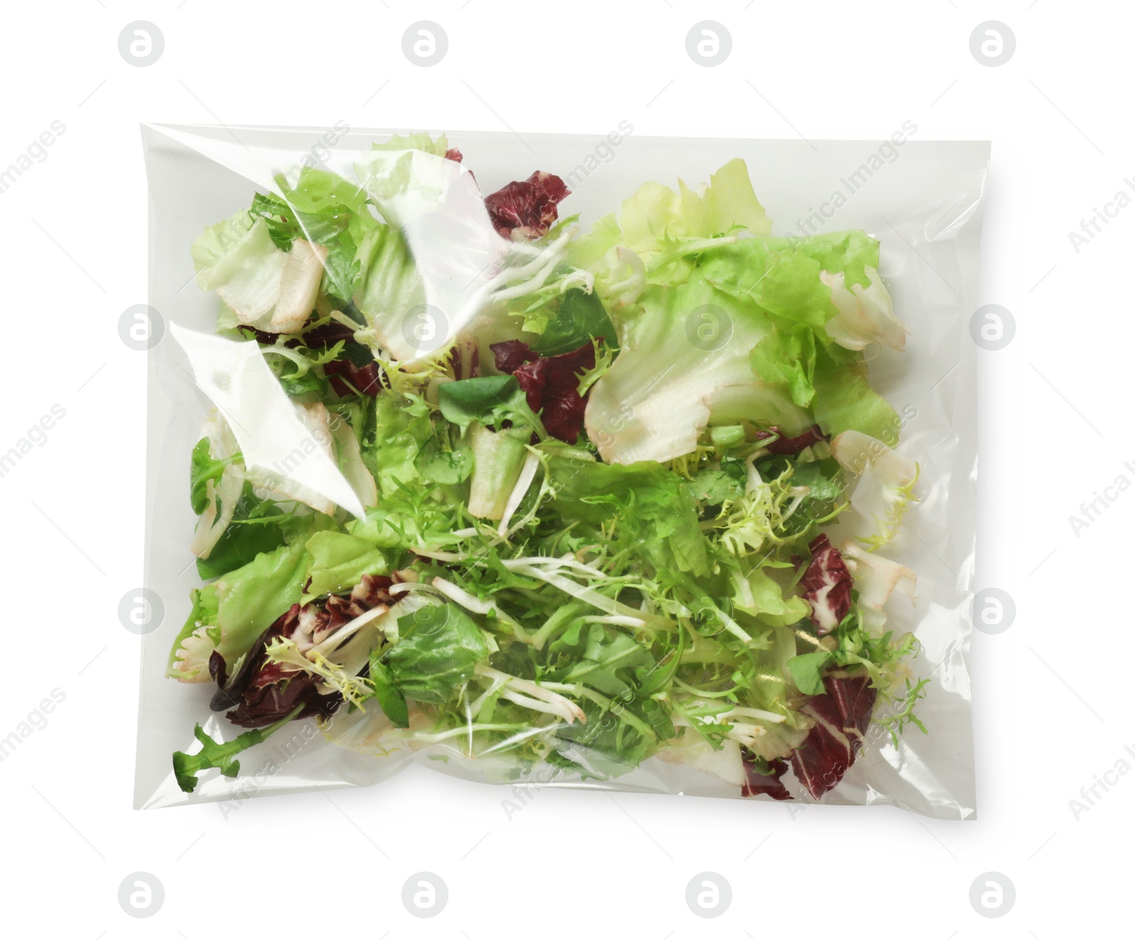 Photo of Pack of fresh salad mix isolated on white, top view