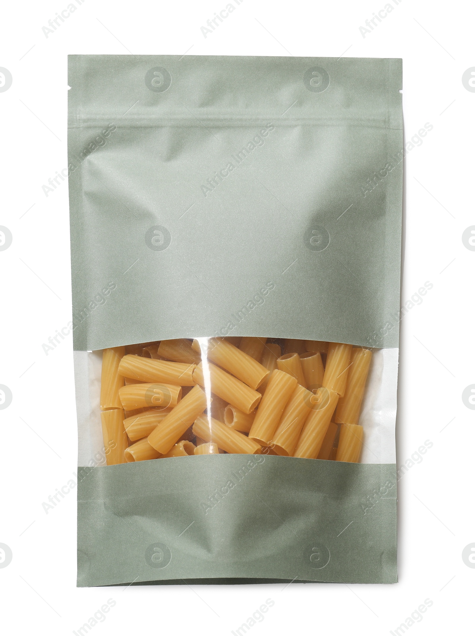 Photo of Paper pouch bag with pasta isolated on white