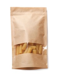 Photo of Paper pouch bag with pasta isolated on white, top view