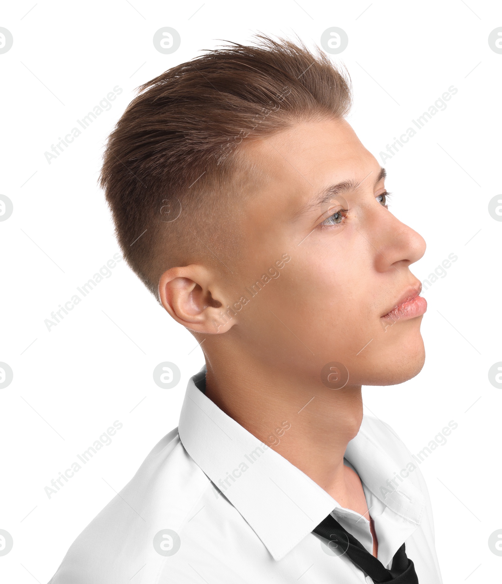 Photo of Confident young man with stylish haircut on white background