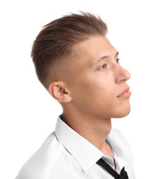 Photo of Confident young man with stylish haircut on white background