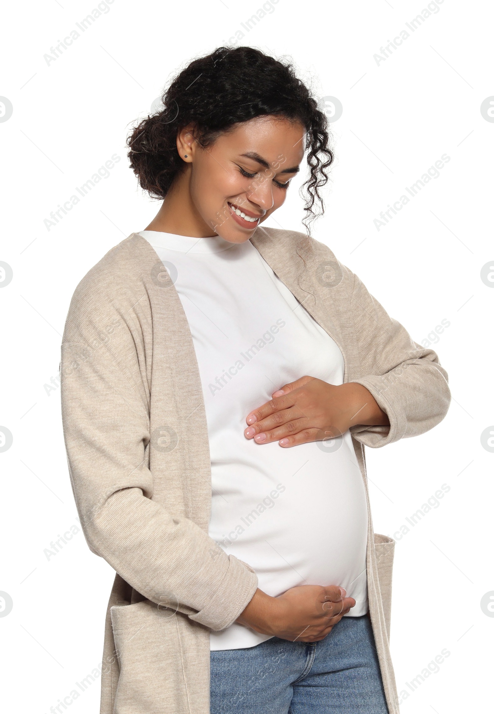 Photo of Portrait of beautiful pregnant woman on white background