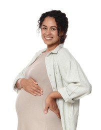 Photo of Portrait of beautiful pregnant woman on white background