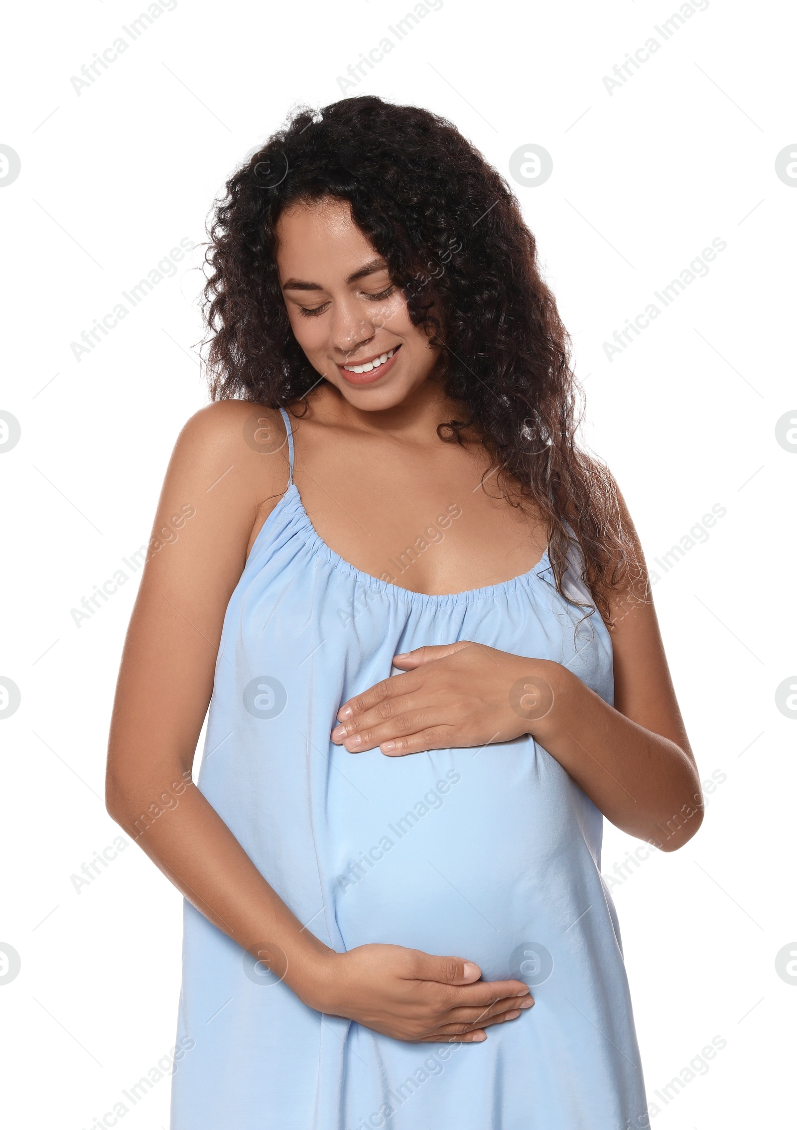 Photo of Portrait of beautiful pregnant woman on white background