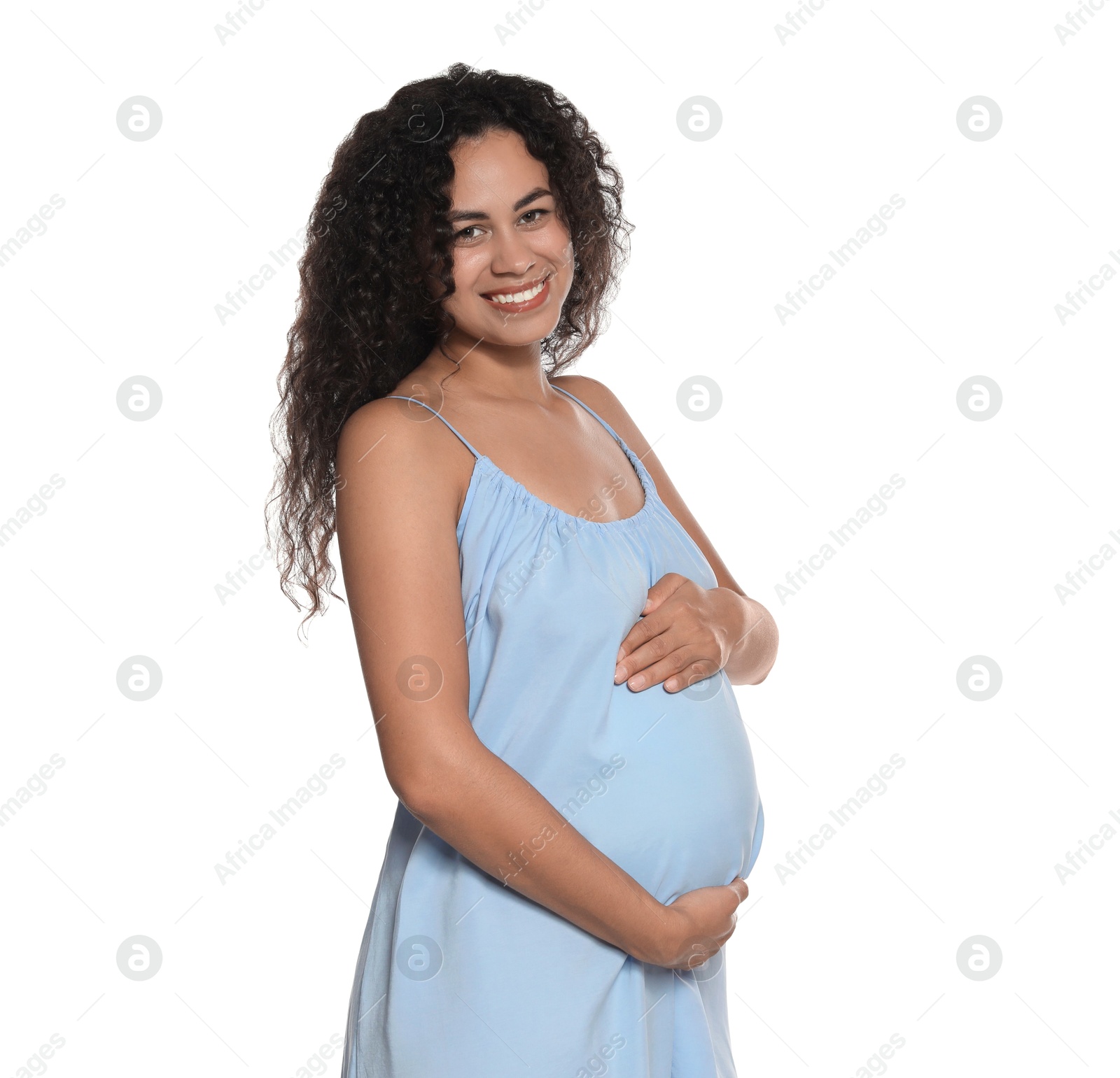 Photo of Portrait of beautiful pregnant woman on white background