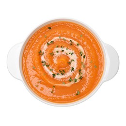 Photo of Delicious sweet potato soup with microgreens isolated on white, top view