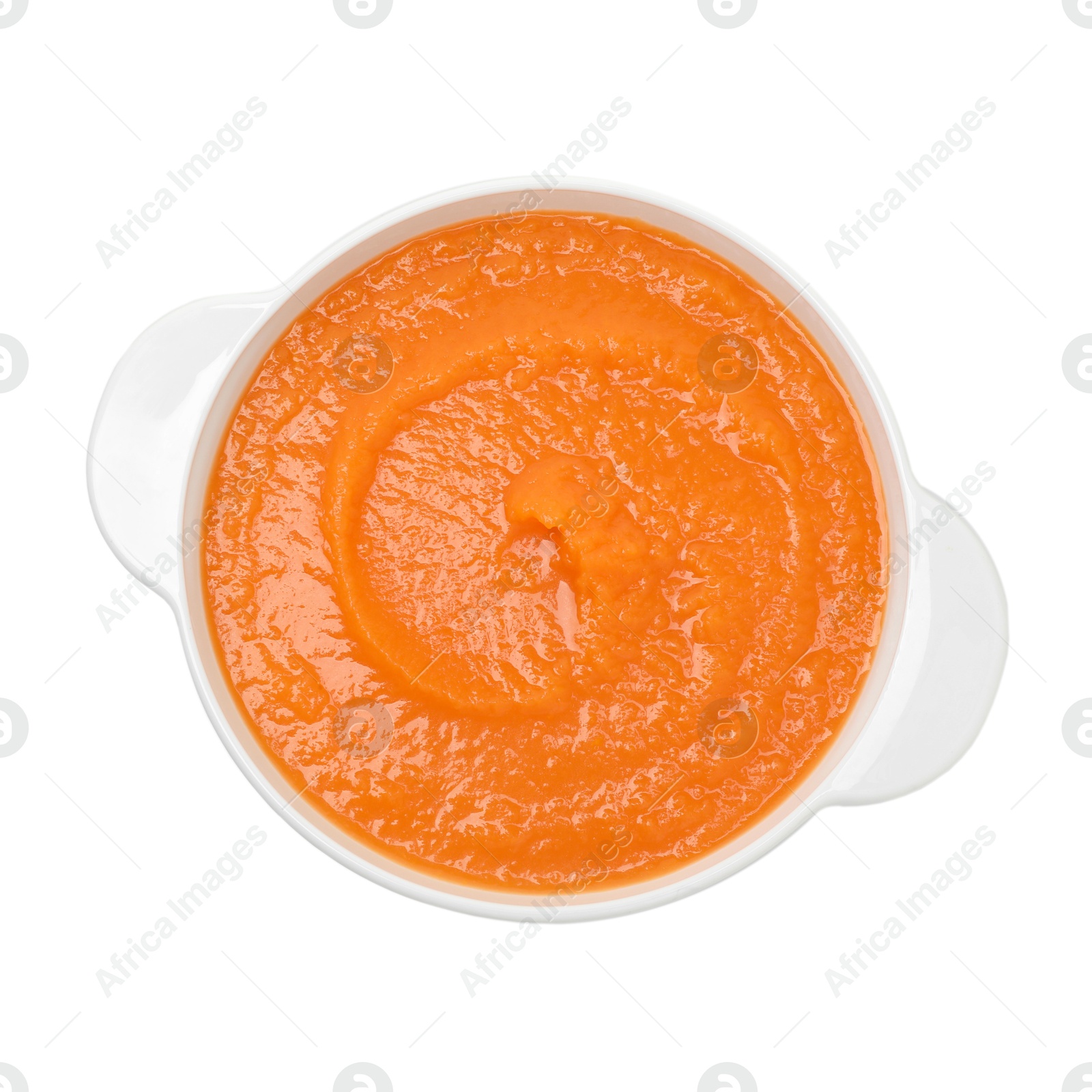 Photo of Delicious sweet potato soup isolated on white, top view