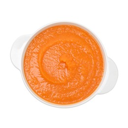 Photo of Delicious sweet potato soup isolated on white, top view