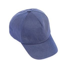 Photo of Stylish blue baseball cap isolated on white. Mockup for design