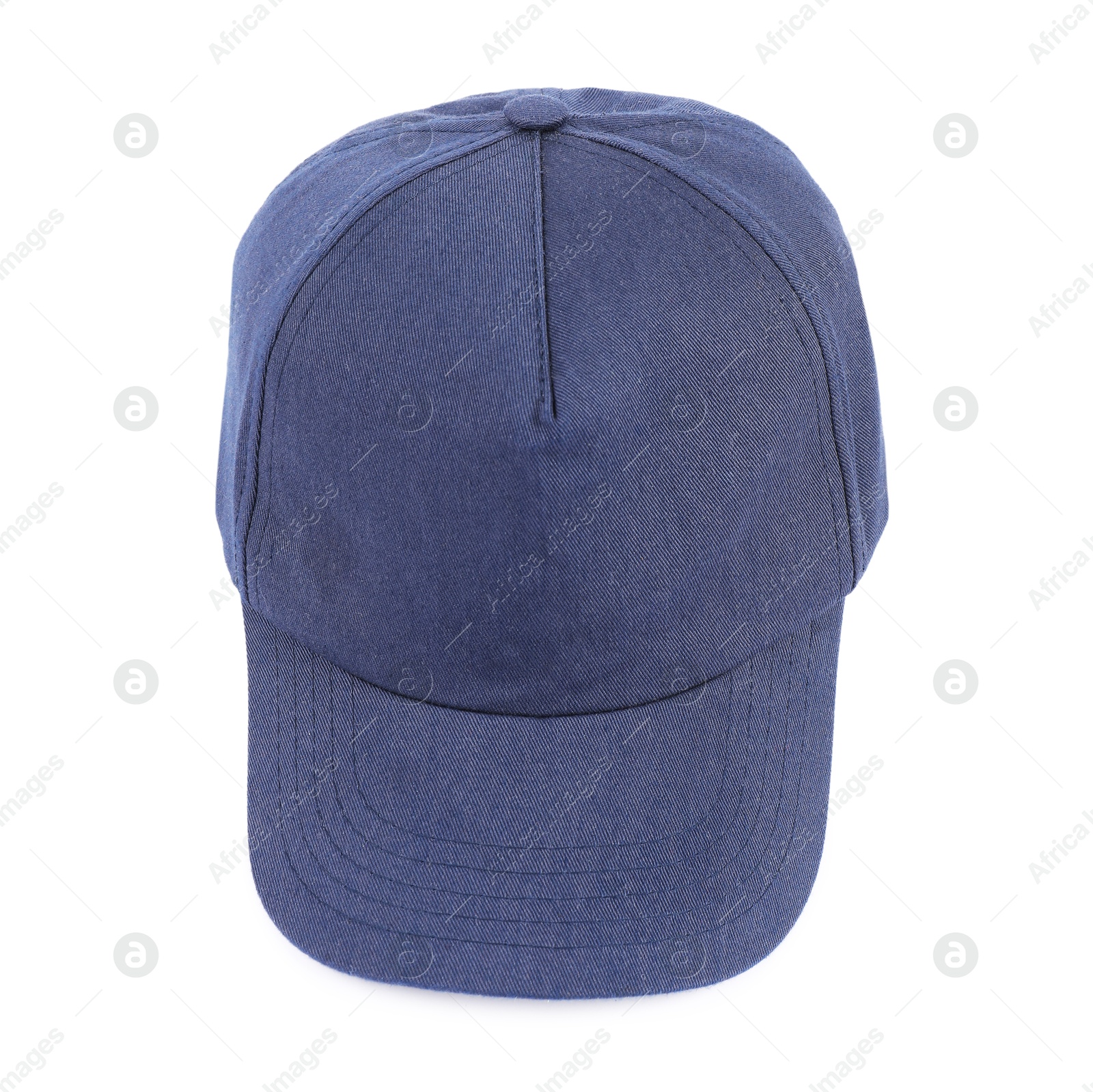 Photo of Stylish blue baseball cap isolated on white. Mockup for design