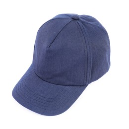 Photo of Stylish blue baseball cap isolated on white. Mockup for design