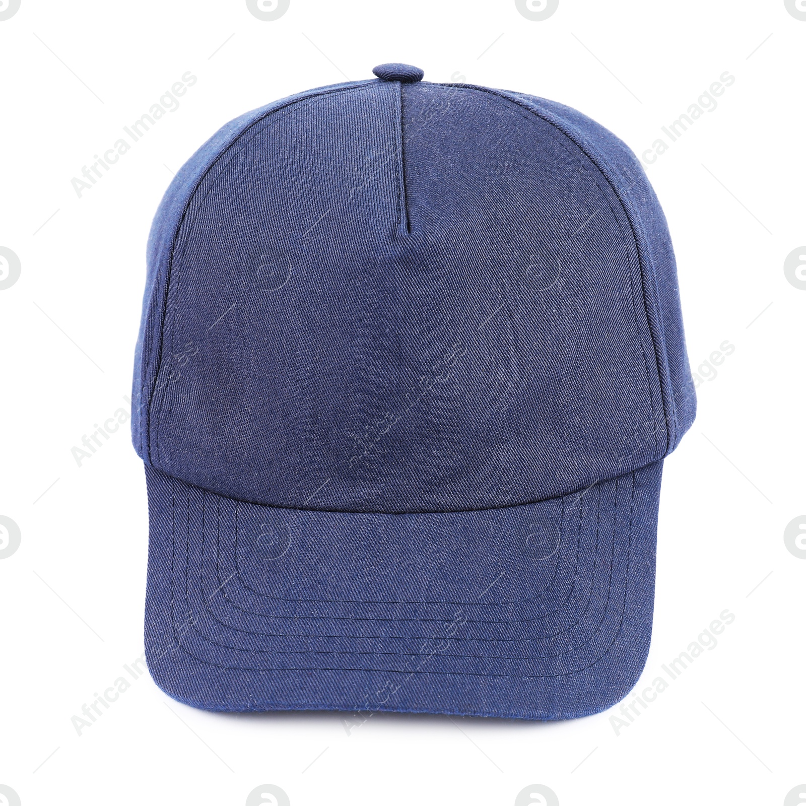 Photo of Stylish blue baseball cap isolated on white. Mockup for design