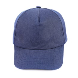 Photo of Stylish blue baseball cap isolated on white. Mockup for design