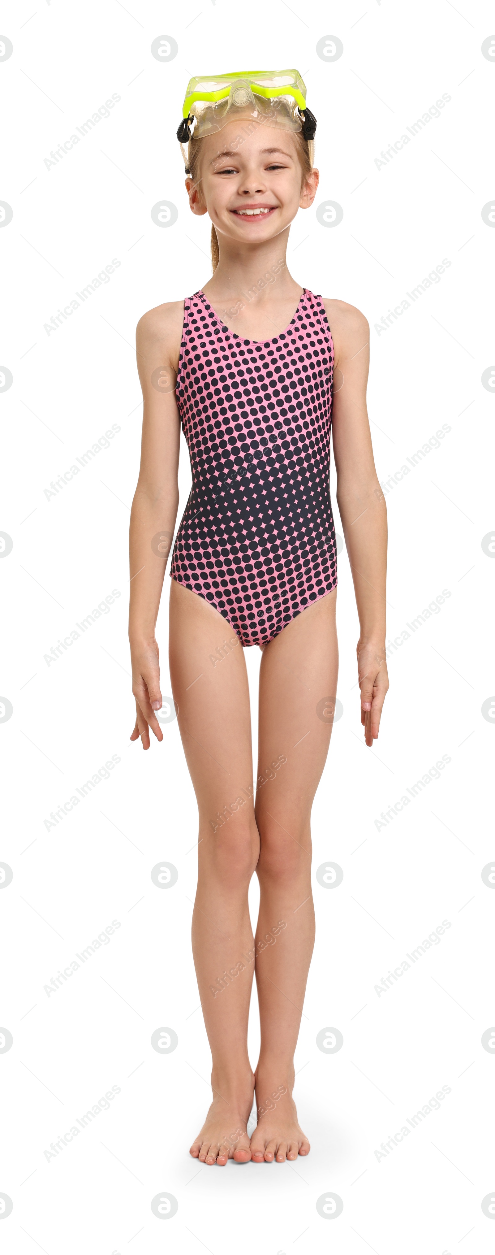 Photo of Happy girl in beachwear with diving mask on white background