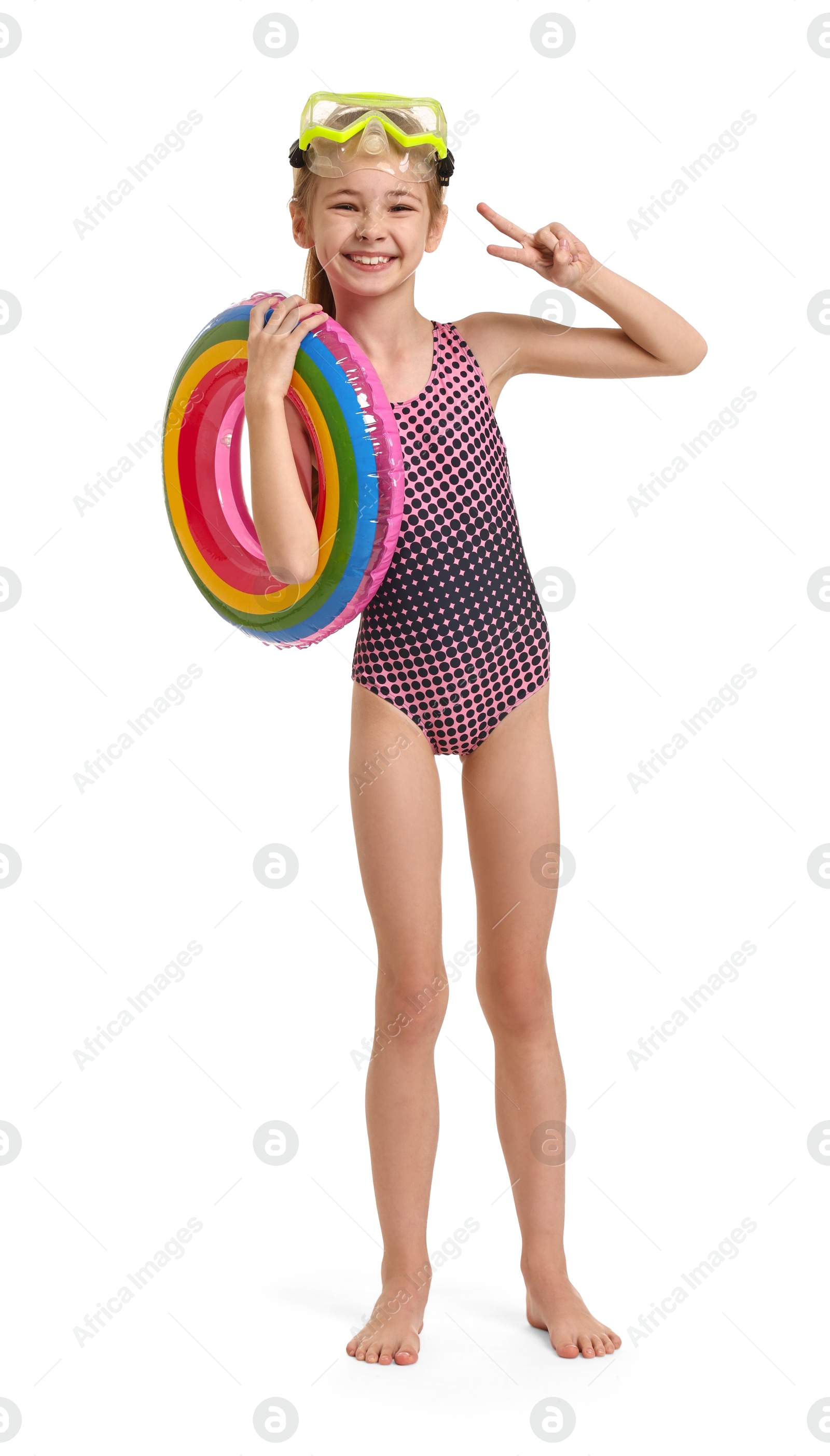 Photo of Happy girl in beachwear with diving mask and inflatable ring on white background