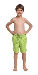 Photo of Happy little boy in beachwear on white background