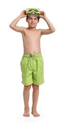 Photo of Little boy in beachwear with diving mask on white background