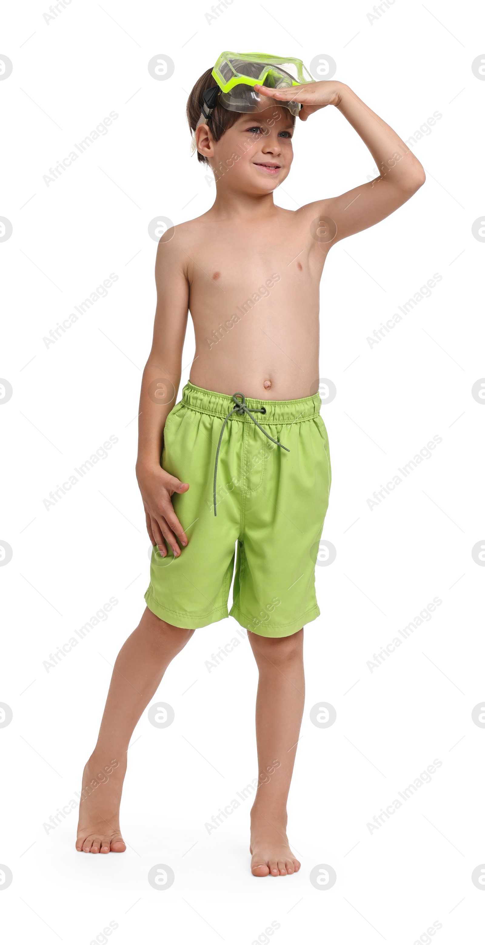 Photo of Little boy in beachwear with diving mask on white background