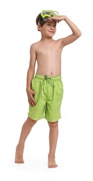 Photo of Little boy in beachwear with diving mask on white background