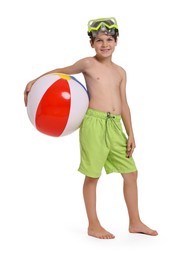 Photo of Happy little boy in beachwear with inflatable ball and diving mask on white background