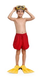 Photo of Little boy in beachwear with diving mask and flippers on white background