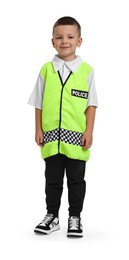 Photo of Little boy pretending to be policeman on white background. Dreaming of future profession