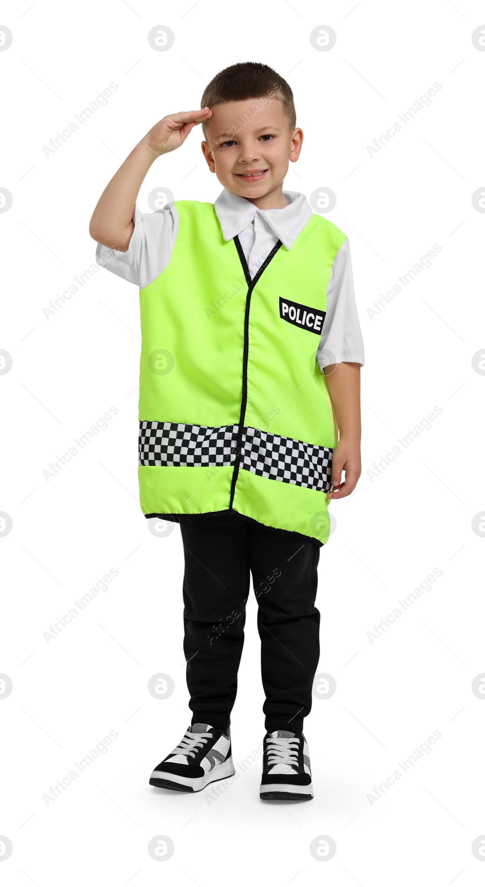 Photo of Little boy pretending to be policeman on white background. Dreaming of future profession