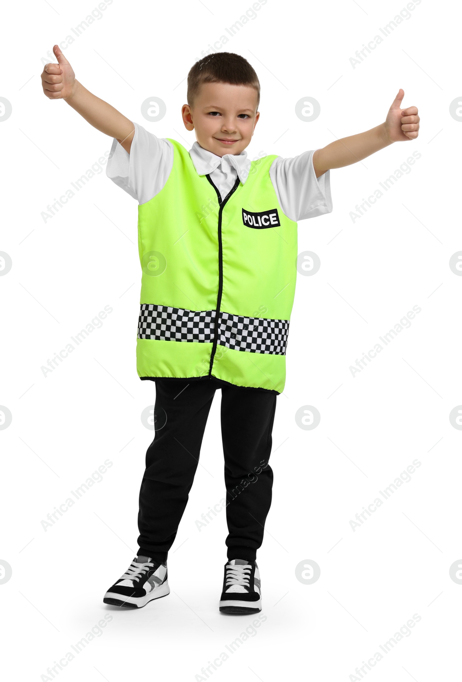 Photo of Little boy pretending to be policeman on white background. Dreaming of future profession