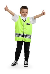 Photo of Little boy pretending to be policeman on white background. Dreaming of future profession