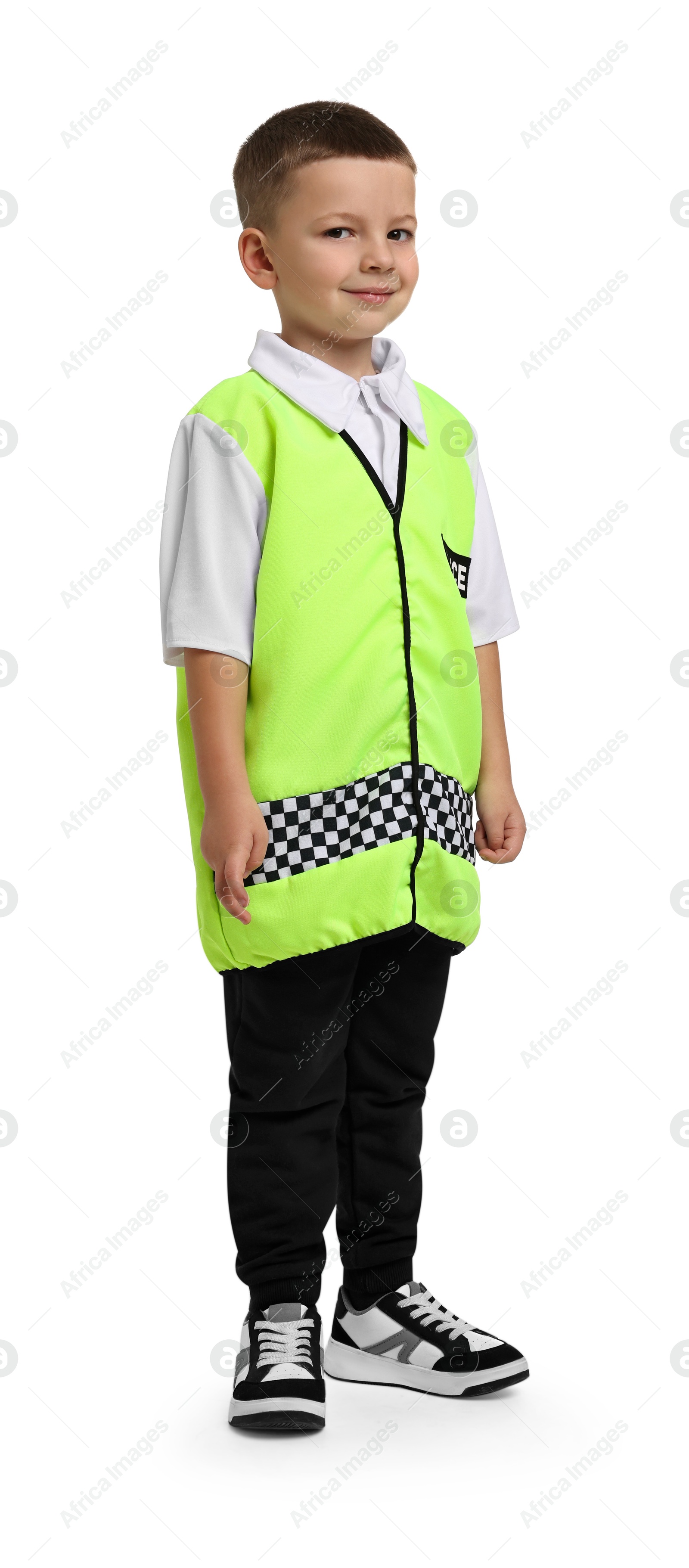 Photo of Little boy pretending to be policeman on white background. Dreaming of future profession