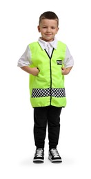 Photo of Little boy pretending to be policeman on white background. Dreaming of future profession