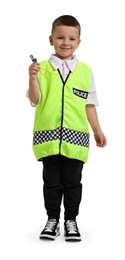 Photo of Little boy with whistle pretending to be policeman on white background. Dreaming of future profession