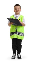 Photo of Little boy with clipboard pretending to be policeman on white background. Dreaming of future profession