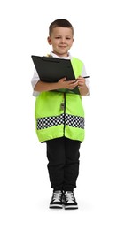 Photo of Little boy with clipboard pretending to be policeman on white background. Dreaming of future profession