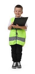 Photo of Little boy with clipboard pretending to be policeman on white background. Dreaming of future profession