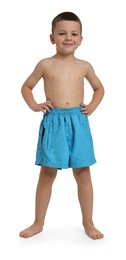 Cute little boy in beachwear on white background