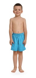 Photo of Cute little boy in beachwear on white background